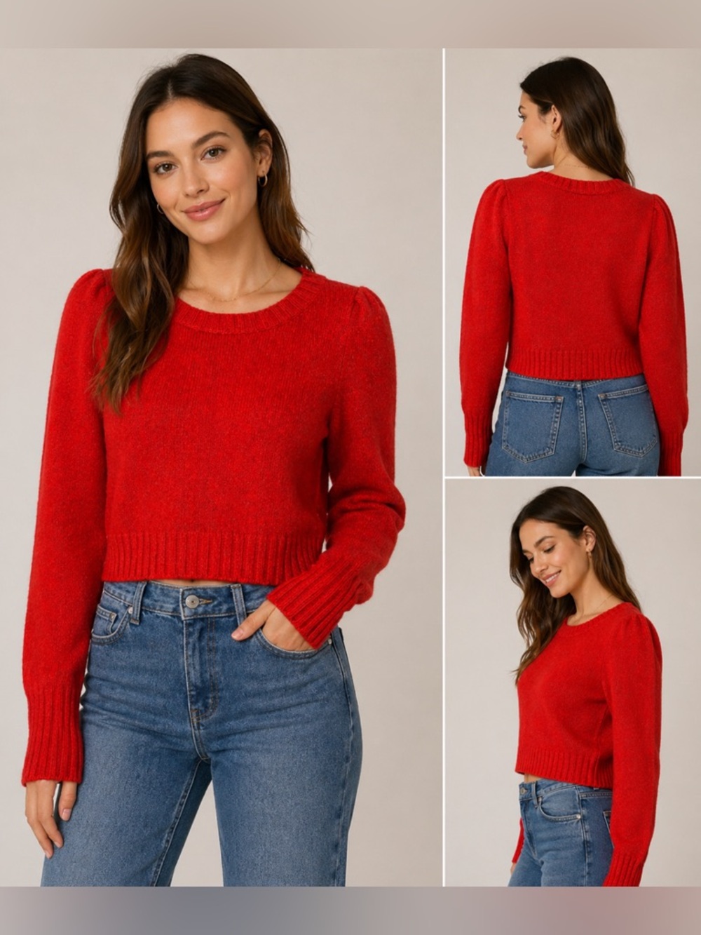 Maeve‎ Anthropologie Red Cropped Puff Sleeve Sweater Medium Cotton Blend Cozy